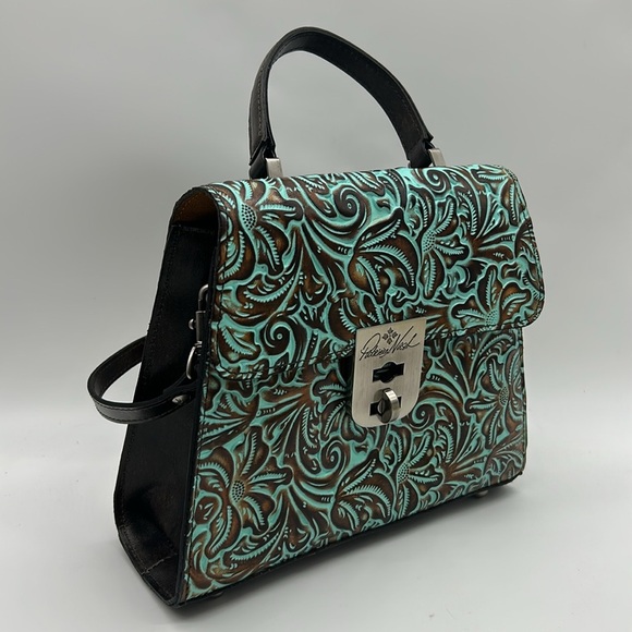2439- Patricia Nash Embossed Leather Top Handle Crossbody Bag Turquoise Tooled - Picture 3 of 12